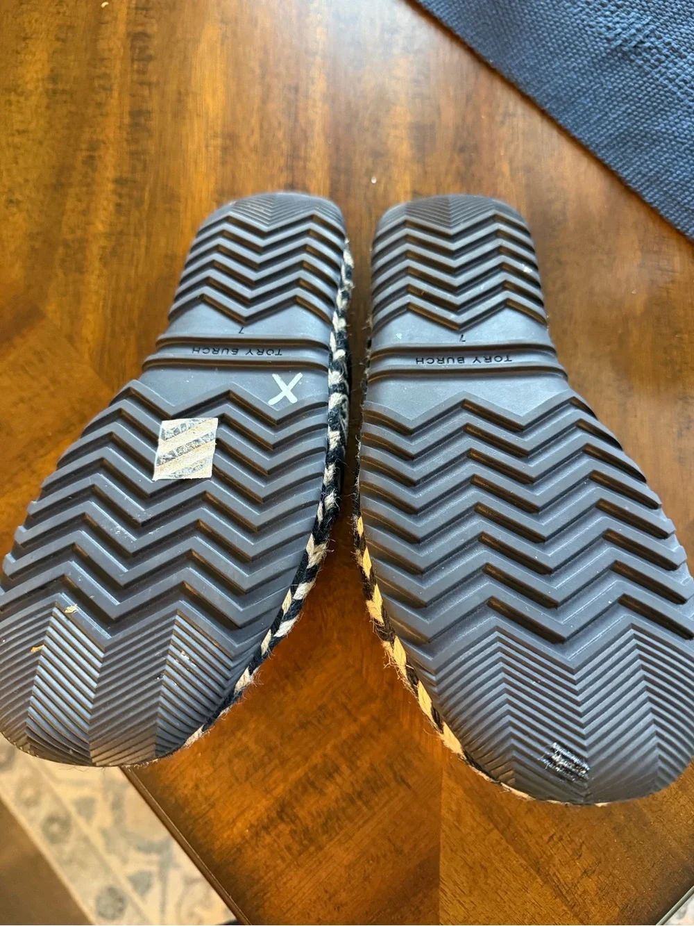 Tory Burch Navy and Ivory Logo Crisscross Espadrille Slides